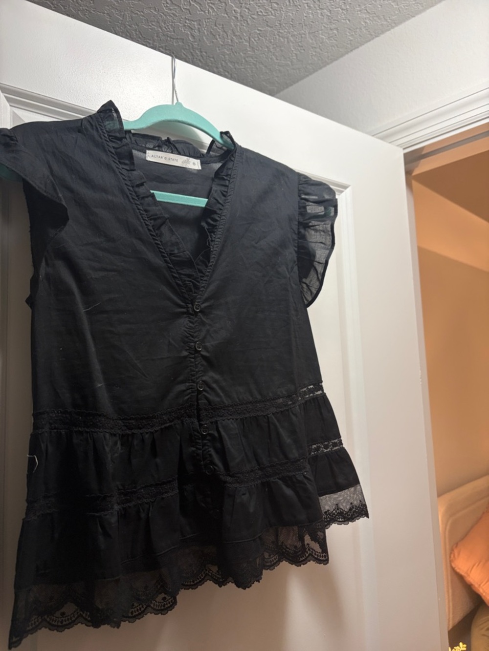 Altar'd State Black Ruffle Lace Button-Front Blouse